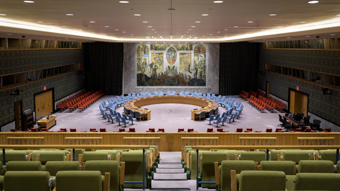 Wide view of the empty Security Council Chamber