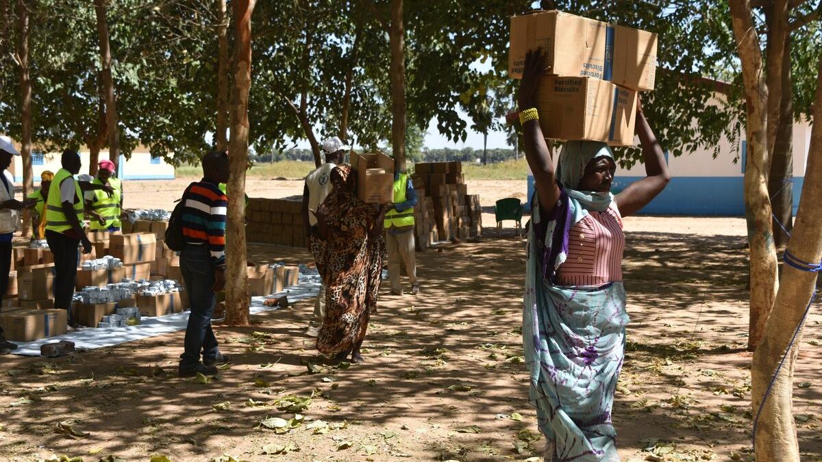 Une femme porte des boîtes sur sa tête, sous des arbres.