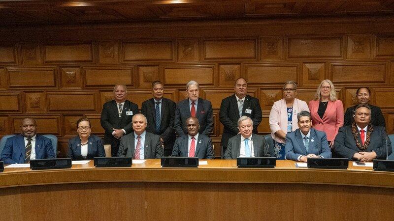 Secretary-General António Guterres (seated, third from right) meets with the Pacific Islands Forum Leaders. 26 September 2025. UN Photo/Evan Schneider
