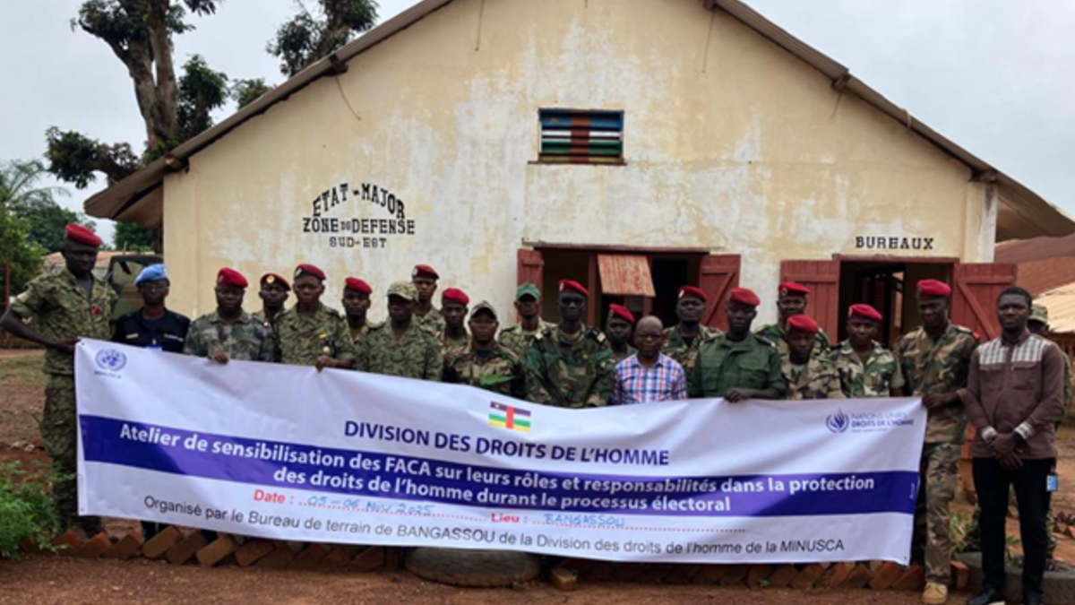 Les soldats de la paix tiennent une banderole avec le texte « Division des Droits de l'Homme ».