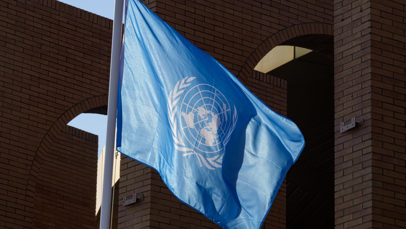 A view of the United Nations flag.