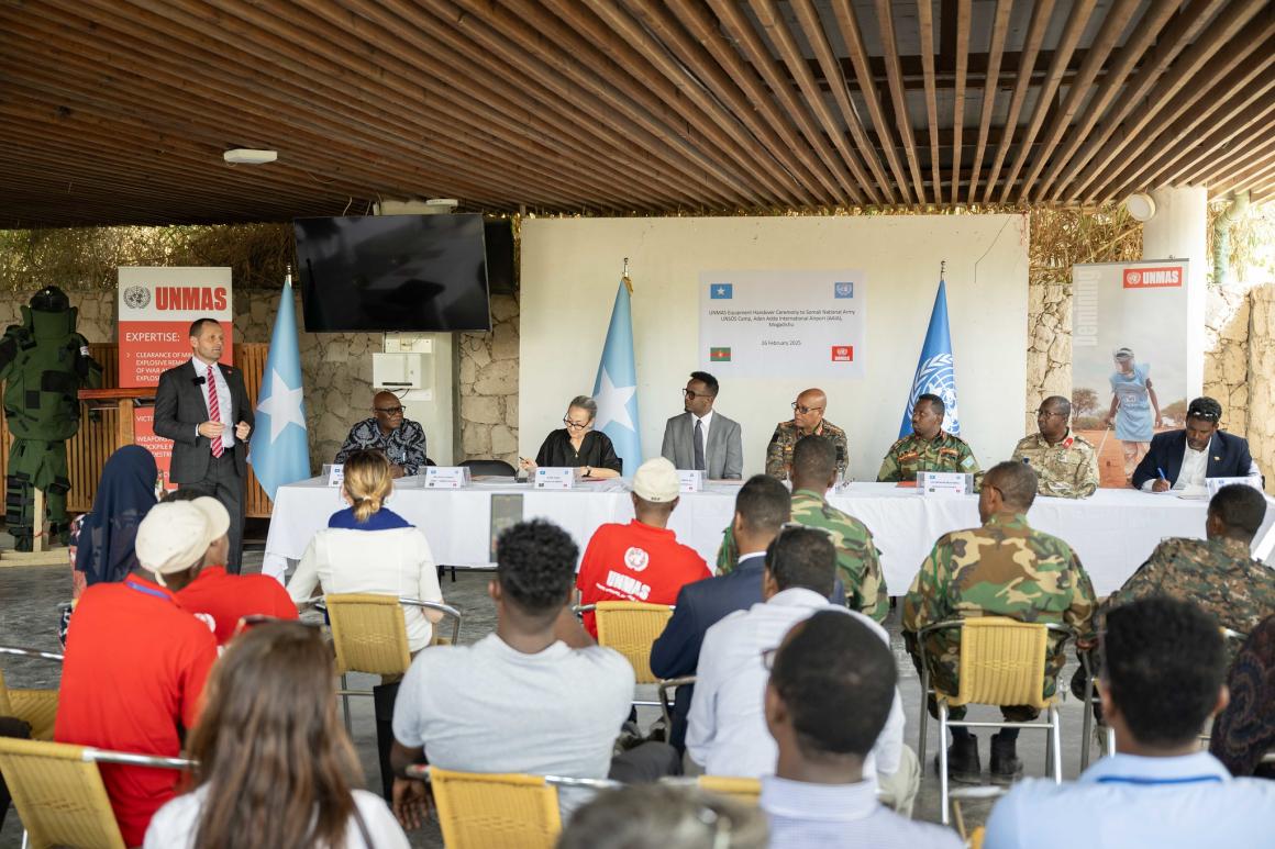 Chief of UNMAS in Somalia Francis O’Grady, delivers his remarks during a handover event facilitated by UNMAS in Mogadishu. 
